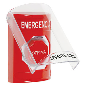 SS2025EM-ES STI Red Indoor Only Flush or Surface Momentary (Illuminated) Stopper Station with EMERGENCY Label Spanish