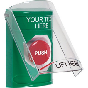 SS2121ZA-EN STI Green Indoor Only Flush or Surface Turn-to-Reset Stopper Station with Non-Returnable Custom Text Label English