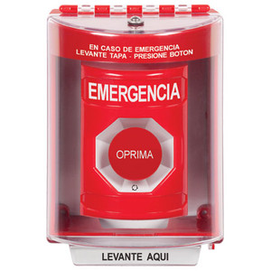 SS2081EM-ES STI Red Indoor/Outdoor Surface w/ Horn Turn-to-Reset Stopper Station with EMERGENCY Label Spanish