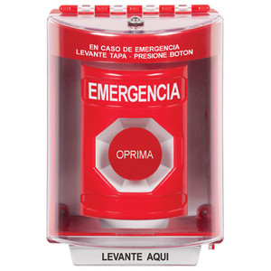 SS2084EM-ES STI Red Indoor/Outdoor Surface w/ Horn Momentary Stopper Station with EMERGENCY Label Spanish