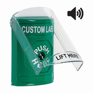 SS21A0ZA-EN STI Green Indoor Only Flush or Surface w/ Horn Key-to-Reset Stopper Station with Non-Returnable Custom Text Label English