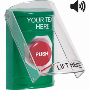 SS21A1ZA-EN STI Green Indoor Only Flush or Surface w/ Horn Turn-to-Reset Stopper Station with Non-Returnable Custom Text Label English