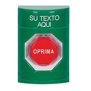 SS2105ZA-ES STI Green No Cover Momentary (Illuminated) Stopper Station with Non-Returnable Custom Text Label Spanish