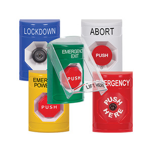 SS2120ES-ES STI Green Indoor Only Flush or Surface Key-to-Reset Stopper Station with EMERGENCY STOP Label Spanish