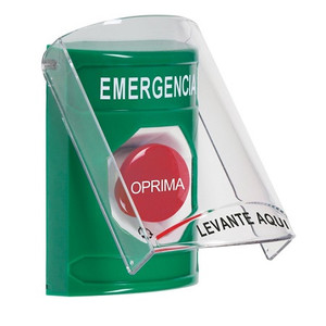 SS2121EM-ES STI Green Indoor Only Flush or Surface Turn-to-Reset Stopper Station with EMERGENCY Label Spanish