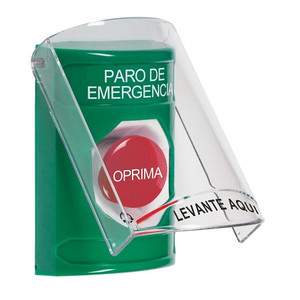 SS2121ES-ES STI Green Indoor Only Flush or Surface Turn-to-Reset Stopper Station with EMERGENCY STOP Label Spanish