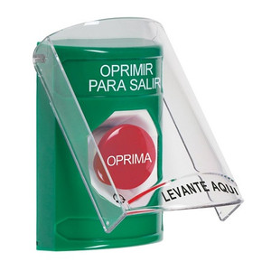 SS2121PX-ES STI Green Indoor Only Flush or Surface Turn-to-Reset Stopper Station with PUSH TO EXIT Label Spanish