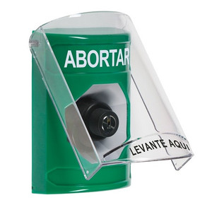 SS2123AB-ES STI Green Indoor Only Flush or Surface Key-to-Activate Stopper Station with ABORT Label Spanish