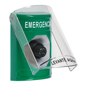 SS2123EM-ES STI Green Indoor Only Flush or Surface Key-to-Activate Stopper Station with EMERGENCY Label Spanish