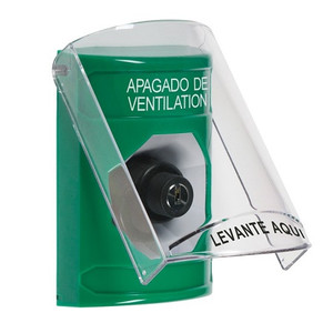 SS2123HV-ES STI Green Indoor Only Flush or Surface Key-to-Activate Stopper Station with HVAC SHUT DOWN Label Spanish