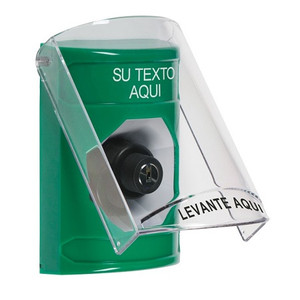 SS2123ZA-ES STI Green Indoor Only Flush or Surface Key-to-Activate Stopper Station with Non-Returnable Custom Text Label Spanish
