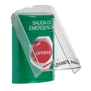 SS2124EX-ES STI Green Indoor Only Flush or Surface Momentary Stopper Station with EMERGENCY EXIT Label Spanish