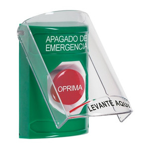SS2124PO-ES STI Green Indoor Only Flush or Surface Momentary Stopper Station with EMERGENCY POWER OFF Label Spanish
