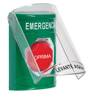 SS2129EM-ES STI Green Indoor Only Flush or Surface Turn-to-Reset (Illuminated) Stopper Station with EMERGENCY Label Spanish