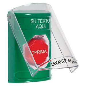 SS2129ZA-ES STI Green Indoor Only Flush or Surface Turn-to-Reset (Illuminated) Stopper Station with Non-Returnable Custom Text Label Spanish