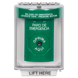 SS2130ES-ES STI Green Indoor/Outdoor Flush Key-to-Reset Stopper Station with EMERGENCY STOP Label Spanish