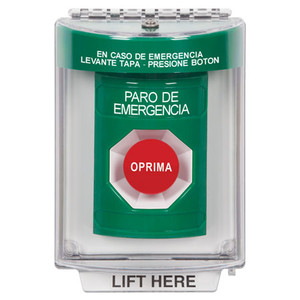 SS2134ES-ES STI Green Indoor/Outdoor Flush Momentary Stopper Station with EMERGENCY STOP Label Spanish