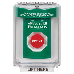 SS2134PO-ES STI Green Indoor/Outdoor Flush Momentary Stopper Station with EMERGENCY POWER OFF Label Spanish