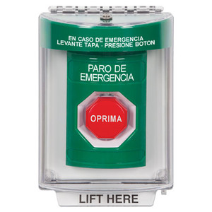 SS2135ES-ES STI Green Indoor/Outdoor Flush Momentary (Illuminated) Stopper Station with EMERGENCY STOP Label Spanish