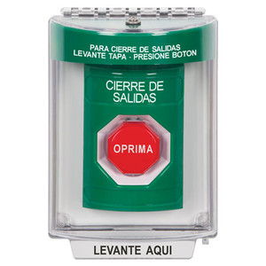SS2135LD-ES STI Green Indoor/Outdoor Flush Momentary (Illuminated) Stopper Station with LOCKDOWN Label Spanish