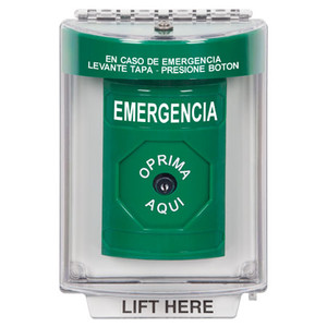SS2140EM-ES STI Green Indoor/Outdoor Flush w/ Horn Key-to-Reset Stopper Station with EMERGENCY Label Spanish