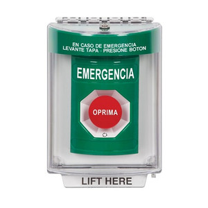 SS2141EM-ES STI Green Indoor/Outdoor Flush w/ Horn Turn-to-Reset Stopper Station with EMERGENCY Label Spanish