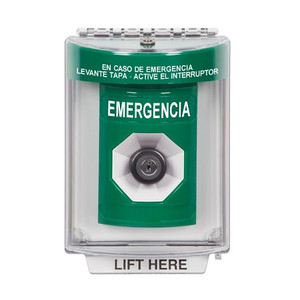 SS2143EM-ES STI Green Indoor/Outdoor Flush w/ Horn Key-to-Activate Stopper Station with EMERGENCY Label Spanish