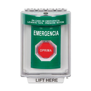 SS2145EM-ES STI Green Indoor/Outdoor Flush w/ Horn Momentary (Illuminated) Stopper Station with EMERGENCY Label Spanish