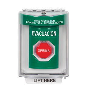 SS2145EV-ES STI Green Indoor/Outdoor Flush w/ Horn Momentary (Illuminated) Stopper Station with EVACUATION Label Spanish