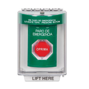 SS2149ES-ES STI Green Indoor/Outdoor Flush w/ Horn Turn-to-Reset (Illuminated) Stopper Station with EMERGENCY STOP Label Spanish