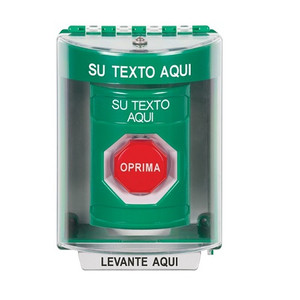 SS2172ZA-ES STI Green Indoor/Outdoor Surface Key-to-Reset (Illuminated) Stopper Station with Non-Returnable Custom Text Label Spanish