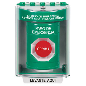 SS2174ES-ES STI Green Indoor/Outdoor Surface Momentary Stopper Station with EMERGENCY STOP Label Spanish