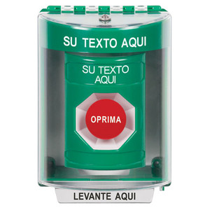 SS2174ZA-ES STI Green Indoor/Outdoor Surface Momentary Stopper Station with Non-Returnable Custom Text Label Spanish