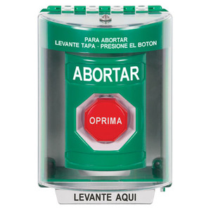 SS2175AB-ES STI Green Indoor/Outdoor Surface Momentary (Illuminated) Stopper Station with ABORT Label Spanish