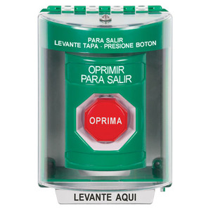 SS2175PX-ES STI Green Indoor/Outdoor Surface Momentary (Illuminated) Stopper Station with PUSH TO EXIT Label Spanish