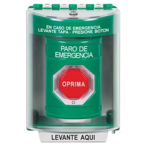SS2179ES-ES STI Green Indoor/Outdoor Surface Turn-to-Reset (Illuminated) Stopper Station with EMERGENCY STOP Label Spanish