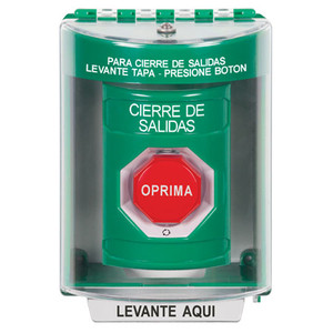 SS2179LD-ES STI Green Indoor/Outdoor Surface Turn-to-Reset (Illuminated) Stopper Station with LOCKDOWN Label Spanish