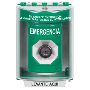SS2183EM-ES STI Green Indoor/Outdoor Surface w/ Horn Key-to-Activate Stopper Station with EMERGENCY Label Spanish