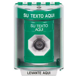 SS2183ZA-ES STI Green Indoor/Outdoor Surface w/ Horn Key-to-Activate Stopper Station with Non-Returnable Custom Text Label Spanish