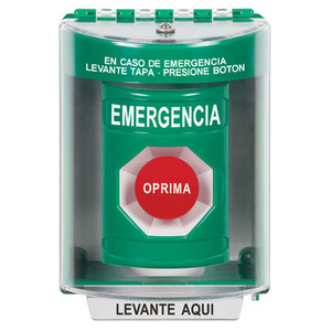 SS2184EM-ES STI Green Indoor/Outdoor Surface w/ Horn Momentary Stopper Station with EMERGENCY Label Spanish
