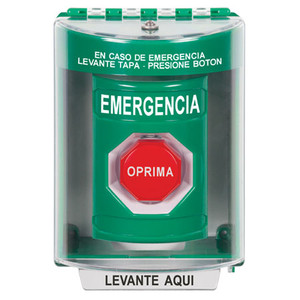 SS2185EM-ES STI Green Indoor/Outdoor Surface w/ Horn Momentary (Illuminated) Stopper Station with EMERGENCY Label Spanish