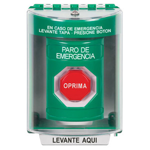 SS2185ES-ES STI Green Indoor/Outdoor Surface w/ Horn Momentary (Illuminated) Stopper Station with EMERGENCY STOP Label Spanish