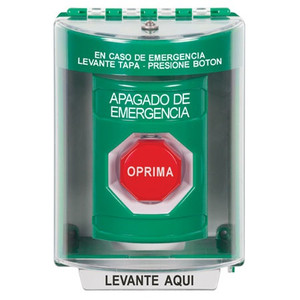 SS2185PO-ES STI Green Indoor/Outdoor Surface w/ Horn Momentary (Illuminated) Stopper Station with EMERGENCY POWER OFF Label Spanish