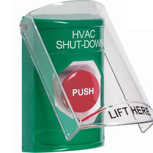 SS21A1HV-ES STI Green Indoor Only Flush or Surface w/ Horn Turn-to-Reset Stopper Station with HVAC SHUT DOWN Label Spanish
