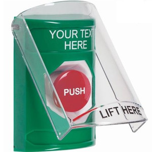 SS21A1ZA-ES STI Green Indoor Only Flush or Surface w/ Horn Turn-to-Reset Stopper Station with Non-Returnable Custom Text Label Spanish