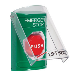 SS21A2ES-ES STI Green Indoor Only Flush or Surface w/ Horn Key-to-Reset (Illuminated) Stopper Station with EMERGENCY STOP Label Spanish