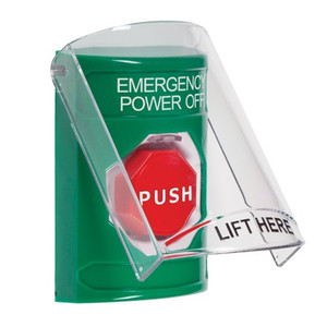 SS21A2PO-ES STI Green Indoor Only Flush or Surface w/ Horn Key-to-Reset (Illuminated) Stopper Station with EMERGENCY POWER OFF Label Spanish