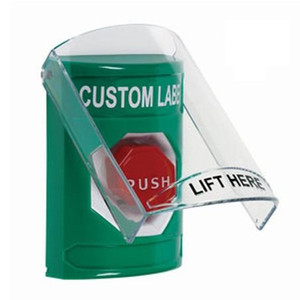 SS21A2ZA-ES STI Green Indoor Only Flush or Surface w/ Horn Key-to-Reset (Illuminated) Stopper Station with Non-Returnable Custom Text Label Spanish