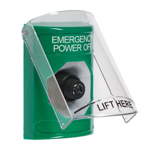 SS21A3PO-ES STI Green Indoor Only Flush or Surface w/ Horn Key-to-Activate Stopper Station with EMERGENCY POWER OFF Label Spanish