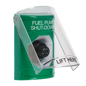 SS21A3PS-ES STI Green Indoor Only Flush or Surface w/ Horn Key-to-Activate Stopper Station with FUEL PUMP SHUT DOWN Label Spanish